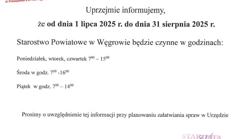 Od 1 lipca do 31 sierpnia br zmiana godzin pracy Starostwa