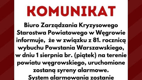 Komunikat Biura Zarządzania Kryzysowego Starostwa Powiatowego w Węgrowie