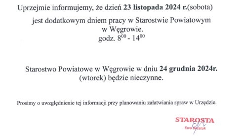 Zmiana godzin pracy Starostwa Powiatowego w Węgrowie